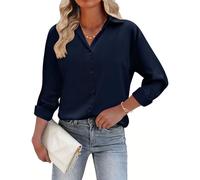 PASUDA Womens Blouse Elegant Long Sleeve Tops V Neck Button Down Shirts Ladies Satin Loose Fit Tunic Top Business Casual Solid Tee Shirts Roll Up Collared Dressy Blouses(Navy Blue,M)