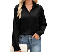 PASUDA Womens Blouse Elegant Long Sleeve Tops V Neck Button Down Shirts Ladies Satin Loose Fit Tunic Top Business Casual Solid Tee Shirts Roll Up Collared Dressy Blouses(Black,XXL)