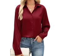 PASUDA Womens Blouse Elegant Long Sleeve Tops V Neck Button Down Shirts Ladies Satin Loose Fit Tunic Top Business Casual Solid Tee Shirts Roll Up Collared Dressy Blouses(Wine red,M)