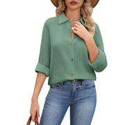 PASUDA Womens Blouse Long Sleeve Tops Button Down Shirts Cotton Casual Work Basic Top Ladies Oversized Tunic Shirt Solid Color Elegant Loose Cheesecloth V Neck (Lake Green, M)