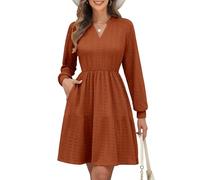 PASUDA Women's Long Sleeve Knit Dress V-Neck Elastic Waist Midi Dresses A Line Flowy Chiffon Babydoll Tunic Jumper Dresses Knee Length Spring Autumn Dresses Casual Party Holiday (Brown, XL)
