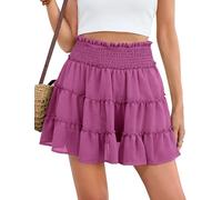 PASUDA Womens Mini Skirts Elasticated High Waist Ruffle Short Skirts Summer Casual Flowy Tulle Skirt Ladies Elegant A-Line Skirt Built-in Shorts for Party Beach School(Rose red,XXL)