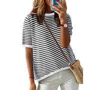 PASUDA Womens Short Sleeve Tops Summer Casual Round Neck T Shirts Ladies Knit Striped Loose Tee Shirts Tops(White,L)