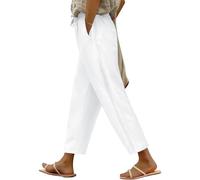 PASUDA Womens Trousers Summer Wide Leg Cropped Trousers Cotton Casual Ladies Elegant Elasticated Waisted Pants with Pockets Drawstring for Beach Holiday Daily(White,S)