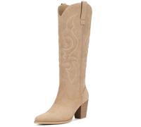 Pasuot Suede Cowboy Boots for Women - Western Knee High Cowgirl Boots with Side Zipper, Retro Pointed Toe Tall Block Heel Pull On Long Boot for Ladies Fall Winter Rodeos Concert Festival Daily, Khaki
