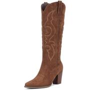 Pasuot Suede Cowboy Boots for Women - Western Knee High Cowgirl Boots with Side Zipper, Retro Pointed Toe Tall Block Heel Pull On Long Boot for Ladies Fall Winter Rodeos Concert Festival Daily, Brown