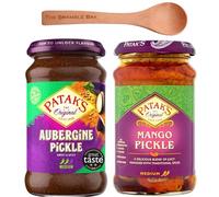 Pataks bundle contains Mango Pickle 312g and Aubergine Pickle 283g, Wooden Spoon