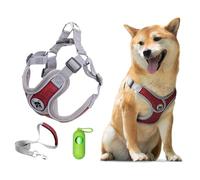 Patas Lague Dog Harness with Leash Set for Medium Dogs, No Pull No Choke Reflective Step in X Head Pet Harness Vest with Poop Bags and Dispenser, Adjustable and Padded, Red Large