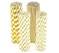 PATAZOK 200pcs Paper Straws Drinking Straw Disposable Party Tableware Supplies for Graduation Celebration Wedding Birthday Valentine Cocktail Decoration (Gold,4 Styles)