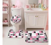 Patchwork Bathroom Rugs Sets 3 Piece, Modern Contemporary Stripes Squares Peach Dorm Room Essentials Toilet Rug Set for Shower Floor Toilet Decor