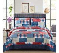 Patchwork Bedspread Box Pattern Cotton Filling Reversible Quilted Throw For Bedroom Decor - Warm Quilt Coverlets Blankets Single Bed Denim Red Bedspread with Pillow Case