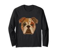 Patchwork British Bulldog Rustic Autumn Animal Art Graphic Long Sleeve T-Shirt