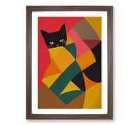 Patchwork Cat Framed Print | A2 Walnut Framed Wall Art | Ready to Hang | Modern Animal Picture | Living Room Bedroom Lounge Office