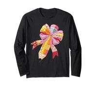 Patchwork Coquette Bow Pencil Teacher Student Back to School Long Sleeve T-Shirt