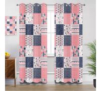 Patchwork Curtains - Pink Geometric Bohemian Check Eclectic Bedroom Curtain Eyelet Blackout Thermal Insulated, Small Window Curtains for Living Room, W46 X D72, 2 Panels Drapes Home Decor