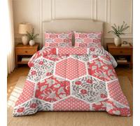 Patchwork Design Duvet Single - Coverless Duvet 4.5 Tog with Hexagon Ditsy Floral Hearts, Soft Lightweight Comforter Set for All Season, 1 Summer Quilt Single 135x200cm with 2 Pillowcase, Pink U228