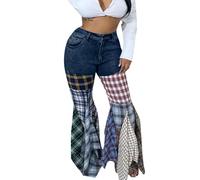 Patchwork Flare Jeans for Women UK High Waist Plaid Bell Bottom Ruffle Hem Denim Trousers Relaxed Fit Wide Leg Pleated Layered Mom Pants Classic Stacked Colour Block Slim Trousers Dark Blue
