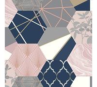 Geo Hexagon Patchwork Wallpaper Pink Blush Navy Grey Gold Metallic Geometric