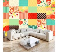 Patchwork Geometric Plaid Floral Mural Wallpaper for Boys and Girls, Color Wall Mural Non-Woven Poster Photo Wallpaper Kids Fashion Home Decoration, 3D Wall Art 400 x 280 cm