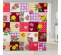 Patchwork Grid Rose Shower Curtains Polka Dots Sweet Heart Bathroom Curtains,French Princess Style Waterproof Bath Curtains with 12 Hooks Suit for Bathtub,Kids Boys Girls Room Decor,72" W x 78" L