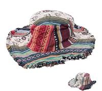 Patchwork Multicolored Mushroom Hemp Hat with Hidden Pocket Fedorahats, Handmade Wide Brim Bucket Sun Hat for Beach, Travel, Festival (1Pc)