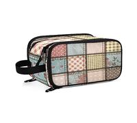 Patchwork of Denim Fabric in Shabby Chic Style Vintage Women's Portable Makeup Bag with Handle, Cosmetic Bag, Travel Cosmetic Bag Durable Toiletry Storage Organizer 11 x 7 x 5.7 inch