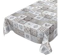 Patchwork Pearl Hearts Grey Striped PVC Oil Vinyl Plastic Table Cloth Natural Taupe Off White Lace Effect Wipe Clean 200cm x 140cm (79" x 54" inches) 2 Metres Rectangle Oblong Fit 6 Seater Table