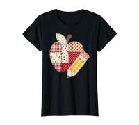 Patchwork Preppy Apples Back to School Teacher Student Value Graphic T-Shirt, Women, Black, XS