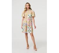 Patchwork Print Knee Length Shirt Dress Izabel London Yellow 14