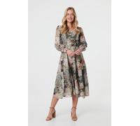 Patchwork Print Tie Waist Midi Dress Izabel London Green 14