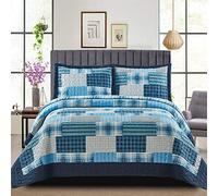 Patchwork Quilt Bedspreads King Size Bedding - 3Piece Box Pattern Thick Cotton Filling Decorative Stitch Blanket Bed Throw With 2 Matching Pillow Cover Set - Denim Blue