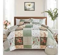 Patchwork Quilt Set California King Size, 3 Pieces Green Floral Plaid Summer Bedspread Coverlet Set, Soft Microfiber Lightweight Bed Cover for All Season (102" x 114", 1 Quilt+ 2 Pillow Shams)