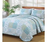 Patchwork Quilt Set King Size, Aqua Blue Boho Summer Bedspreads Coverlet Set, 3 Pieces Soft Lightweight Microfiber Quilt Bedding Set for All Seasons 110"x90"