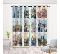 Patchwork Stamp Curtains 72 Inch 2 Panels, Ancient Building 3D Pattern Drapes with Eyelet Thermal Insulated Curtain, European Retro Blackout Curtains for Bedroom Living Room, 46" x 72"