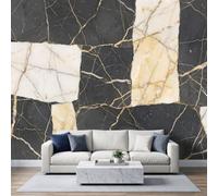 Patchwork Stone Brick Marble Wall Mural 350x256cm, Non-Woven | Black White Colour Block Stones Premium Art Print Mural Wallpaper, Fleece Photo Wallpaper Decoration Poster Picture