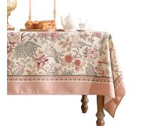 patdrea Designer Pink Linen Table Cloth for Rectangle Table,Vintage Floral with Birds Pattern Decorative Tablcloth,French Table Cover for Kitchen Dining,Thanksgiving,Christmas,63"x87"-Kulom a