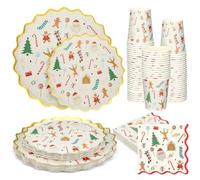 Patelai 100 Pcs Christmas Party Disposable Dinnerware Set - Gold Rim Scalloped 10.5" Dinner & 8.5" Dessert Plates, 9 oz Cups, Wavy Napkins Santa, Reindeer, Tree Prints for 25 Guests Family Gatherings
