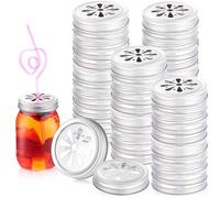 Patelai 100 Pcs Daisy Mason Jar Lids with Straw Hole 2.7 Inch Daisy Flower Cut Regular Mouth Can Tops Silver Rustproof Mason Jar Straw Lids for Craft, Air Freshener, Aromatherapy Oil, Drinking Decor