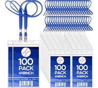 Patelai 100 Pcs Extra Large 4 x 8 Inch Badge Holders with Lanyard Bulk PVC Waterproof Card Holder Credential ID Protector Sleeves 3 Lanyard Slots at Top for Office Sporting Events Concert (Blue)