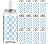 Patelai 12 Pack Light Blue Gingham Cups 13.5 oz Clear Blue Checkered Plastic Cups with Lid and Straw Reusable Plastic Plaid Tumbler for Baby Shower Wedding Birthday Bachelor Party Supplies
