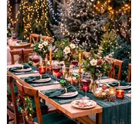 Patelai 14 Pack Christmas Dark Green Table Runner Napkins Gold Rings