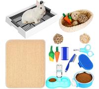 Patelai 14 Pcs Rabbit Starter Kit Large Rabbit Litter Box Bunny Sisal Scratch Pad Toy Storage Basket Grass Ball Carrot Corn Toy Animal Grooming Pack Pet Water and Food Bowl Set for Guinea Pig Squirrel