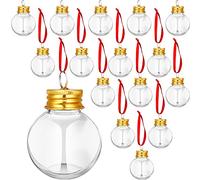 Patelai 18 Pcs Fillable Ball Ornaments,Round,50 ml | Clear Plastic with Gold Screw Caps and Red Hanging Loops, Christmas Tree Decor, Fill with Drinks Candy for Holiday Parties