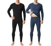 Patelai 2 Pack Thermal Underwear for Men Fleece Lined Winter Base Layer Set Long Sleeve Crew Neck Top and Bottom, Black, Blue, M