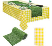 Patelai 2 Pcs Masters Golf Party Table Decorations 1 Artificial Grass Table Runner 1 Yellow and White Checkered Tablecloth for Golf Lovers' Birthday Party Supplies Dining Centerpiece Decoration