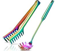 Patelai 2 Pcs Stainless Steel Pasta Server Set, Teethed Spaghetti Tongs & Forks, 9.4'' Tongs & 13.6'' Fork, Multicolor
