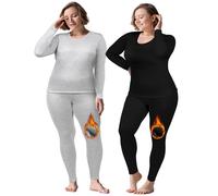 Patelai 2 Sets Plus Size Long Thermal Underwear for Women Fleece Lined Base Layer Pajama Top and Bottom Cold Weather, Black, Gray, 26 Plus