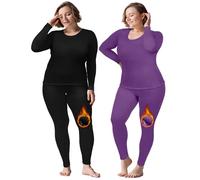 Patelai 2 Sets Plus Size Long Thermal Underwear for Women Fleece Lined Base Layer Pajama Top and Bottom Cold Weather(26 Plus,Black, Purple), Black, Purple, 26 Plus