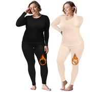Patelai 2 Sets Plus Size Long Thermal Underwear for Women Fleece Lined Base Layer Pajama Top and Bottom Cold Weather(22 Plus,Black, Skin Color), Black, Skin Color, 22 Plus