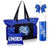 Patelai 4 Pcs Cheerleader Gifts Set Cheer Tote Bag 20 oz Tumbler Makeup Bag Keychain Cheer Stuff Accessories for Cheerleader(Blue)